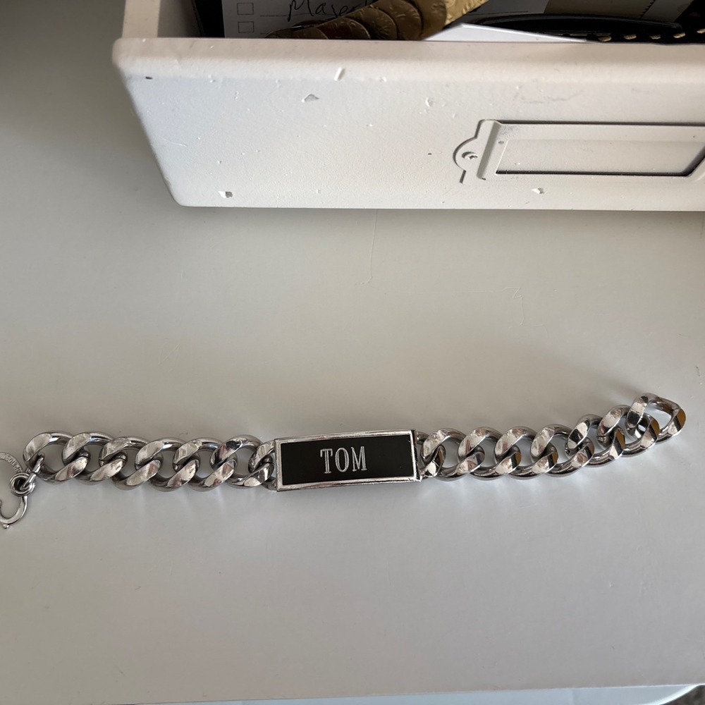 Vintage Speidel ID Bracelet Black Silver Tone Thick Chain Engraved TOM 8.5"